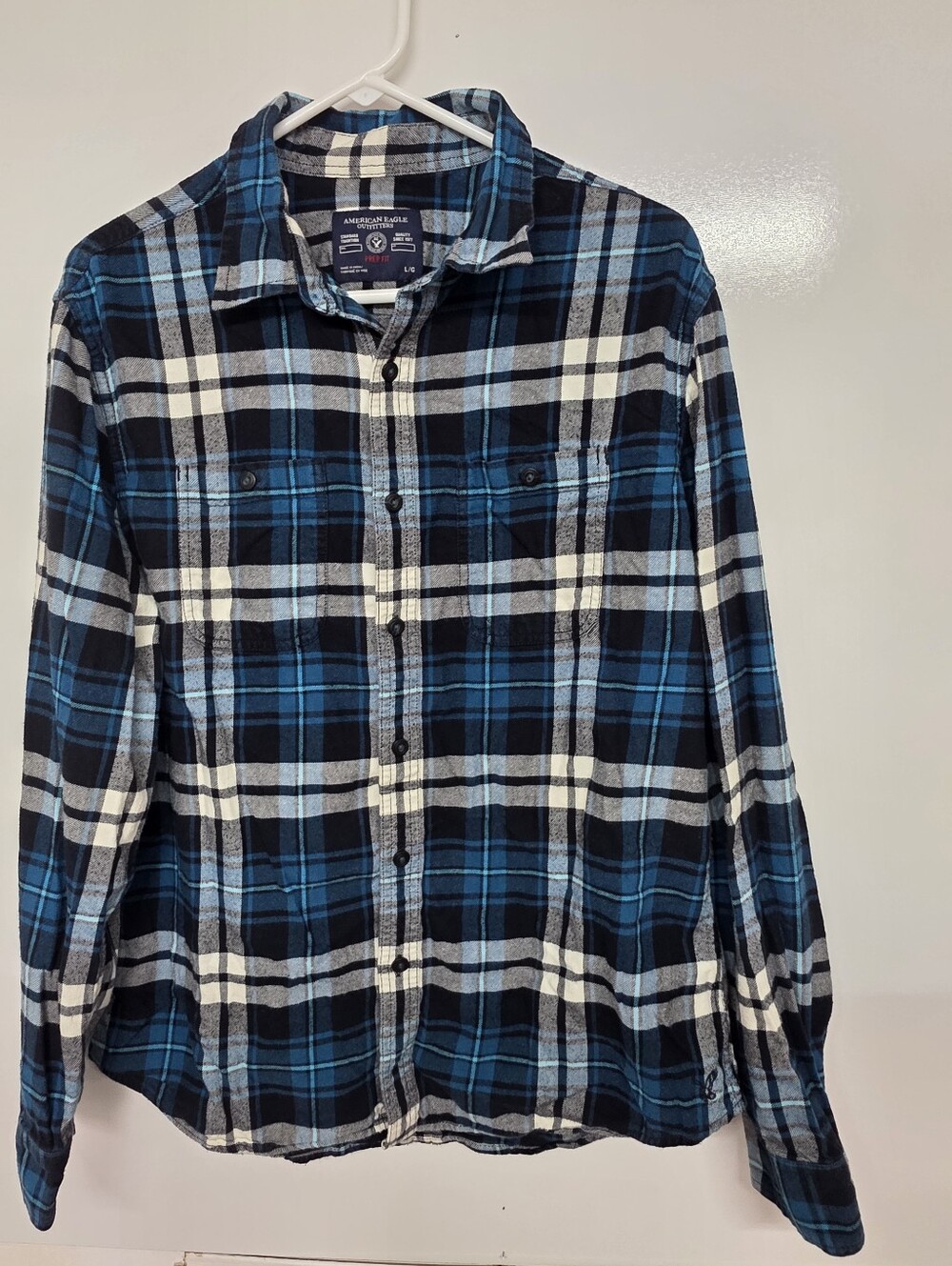 American Eagle Men Flannel Shirt Size L Prep Fit Blue Plaid 100% Cotton Outdoor